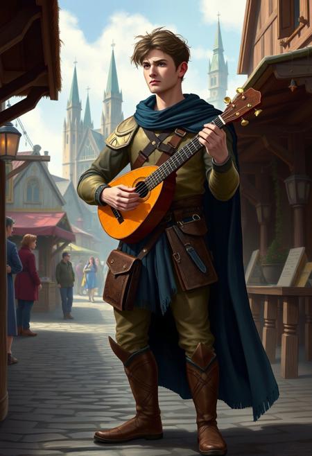 “Design a tall, thin, and attractive human male in his early 20s, playing the lute. He is a level 3 Bard in a Dungeons & Dragons fantasy setting. Dressed in light leather armor with simple patterns, a flowing dark-blue cloak, and a satchel filled with parchment and musical notes at his side, he stands in a vibrant, medieval marketplace. His lute is simply crafted, and he strums it confidently, enchanting the onlookers around him. The background features cobblestone streets, wooden stalls, and distant towering spires. The atmosphere feels alive with magic and music.”