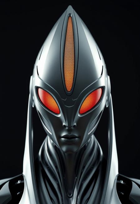The image features a highly stylized humanoid figure with a sleek, metallic surface. The elongated head has sharp, angular features and a gold-textured central crest. The eyes are replaced by an orange-gold visor-like element. The overall design suggests advanced technology or artificial intelligence.