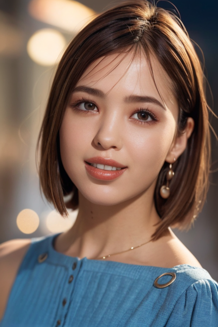 1girl,(wearing a blue dress:1.2),(RAW photo, best quality), (realistic, photo-realistic:1.4), masterpiece, an extremely delicate and beautiful, extremely detailed, 2k wallpaper, Amazing, finely detail, extremely detailed CG unity 8k wallpaper, ultra-detailed, highres, soft light, beautiful detailed girl, extremely detailed eyes and face, beautiful detailed nose, beautiful detailed eyes,cinematic lighting,city lights at night,perfect anatomy,slender body,(smiling:1.3),close up,