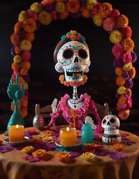 stopmotion, Dia de los Muertos (Day of the Dead), Colorful Skull Masks, Sugar Skull Art, Altars and Offerings, Celebrating Ancestors, Mexican Tradition. <lora:STOPMO_1.12_RC:0.9>