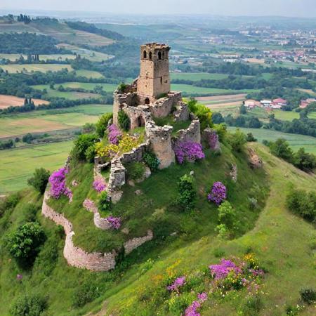 <lora:lcm_sdxl_lora:1>,   <lora:nat:0.7>  A small cl small trees, flowers, on the top of the hill is a  massive ruined  tower, a small block building at the base of the tower,