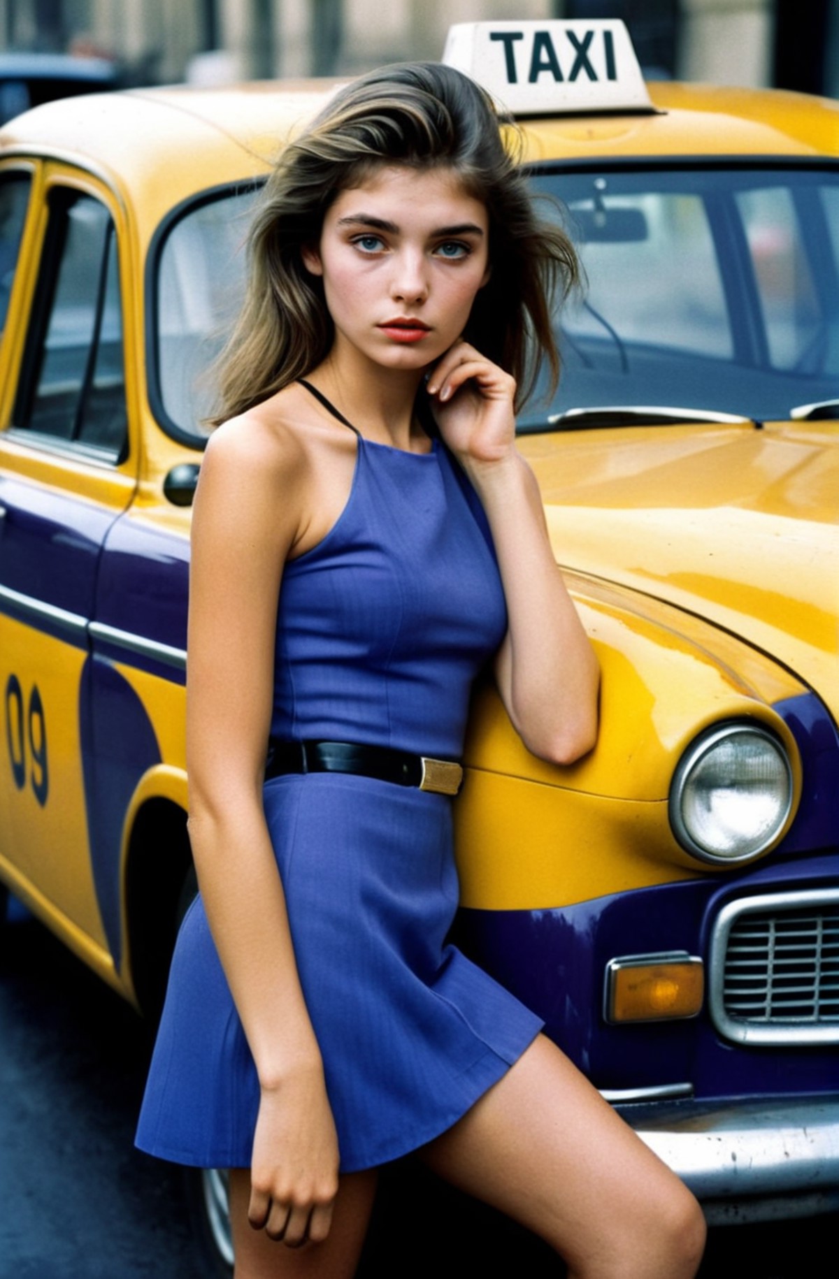 stunning portrait of a seductive 19 years old young woman, by Don McCullin, sexy, underweight, lovesome, Taxi Cab Yellow, ...