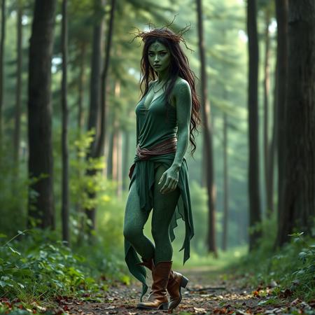digital artwork featuring a female figure walking in a forest setting. The subject has green skin and is wearing a sleeveless short green tunic which reveals many elaborate mystical tattoos, on her feet she wears short animal skin boots blending seamlessly with her surroundings. Her facial features are sharp and ethereal, with long, flowing hair that appears to be made of vines and leaves. She has a crown of branches and leaves.  The background consists of tall trees and a lush, green forest, creating a harmonious and natural atmosphere. The overall color palette is dominated by various shades of green, emphasizing the connection to nature. long shot, deep focus, high quality