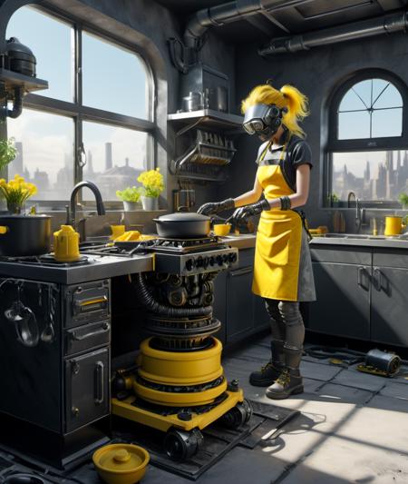 , <lora:DonMR3mn4ntsXL:1> DonMR3mn4ntsXL ,              black & yellow, industrial, heavy duty, modular,           A highly detailed mother in her kitchen preparing meal, window sunny day, happy, smiling,