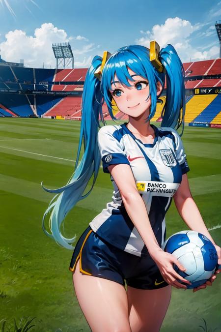 (extremely detailed CG unity 8k wallpaper), (best quality), (ultra-detailed), (best illustration), 1girl, detailed soccer stadium, outdoors, beautiful sunlight, soccer uniform, shorts, socks, soccer, (striped uniform),  green field,  solo focus, smiling, collarbone,  <lora:SonaV1:0.6>, sona \(league of legends\), long hair, blue hair, blue eyes, gradient hair, twintails, hair ornament, <lyco:alianzalima-10:0.8>, (long hair, long twintails)