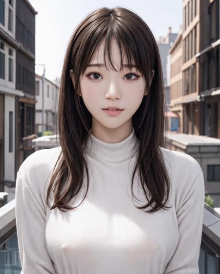 pureerosface_v1, best quality, photorealistic, 8k, high res, 1girl, woman, (skindentation), (portrait:0.6), ((cityscapebackground:1.6, smallsize round breast, highneck sweater:1.5)), straight-looking at viewer:1.8, (1girl eyes looking at viewer:1.45, medium-length hair, blackhair, partedbangs:1.15), photorealistic, (bokeh),   <lora:CBAV-saika:0.65>