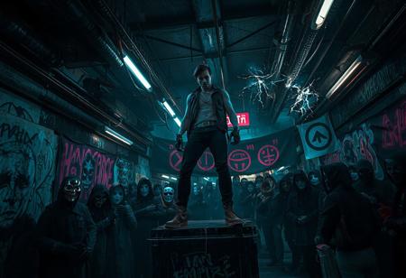Deep beneath the polished towers of the Neon Empire, in the forgotten alleys and flickering underworld, a rebellion is born.
In a darkened subway terminal painted with holographic graffiti and the ghosts of empire, a lone rebel stands atop a crate, addressing a masked crowd.
Their face glows in the pulsing neon — defiant, scarred, half-cybernetic.
Behind them, banners ripple with anti-empire glyphs.
The crowd is diverse: former soldiers, hacked androids, cloaked data-smugglers, rogue AI priests.
Sparks fly from overhead cables; the city above doesn't know it's already cracking.
Cyberpunk underground resistance, cinematic 8K, tense shadows, neon graffiti, gritty detail, dynamic pose, dark rebellion energy.