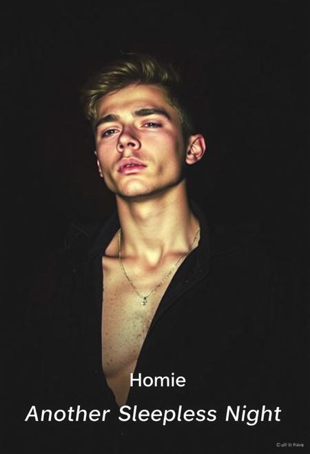 high quality design aesthetics, disco, synth pop, dynamic, detailed, pop album cover, melancholic, young white man, artist name "Homie", album title "Another Sleepless Night"