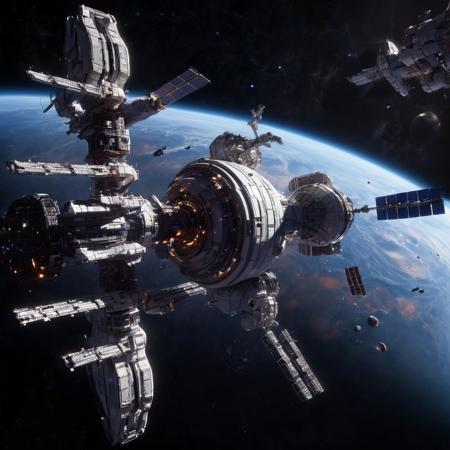 Design a breathtaking scene set in the vastness of space, where a futuristic spaceship is gracefully docking with a massive space station. Imagine this spacecraft as a marvel of human engineering, with sleek lines, glowing accents, and an array of advanced technologies on display. The space station, a towering structure with intricate details and multiple docking ports, serves as a bustling hub of interstellar activity.
As the spaceship aligns perfectly with the docking bay, highlight the intricate dance of mechanical arms and magnetic locks securing the two structures together. Add a dramatic touch with a vibrant nebula glowing in the background, its vivid colors contrasting the dark void of space. Enhance the sense of depth and movement with stars streaking across the scene, creating a captivating starfield.
Include subtle lighting effects to showcase the reflective surfaces of the spaceship and space station, emphasizing their metallic sheen. Perhaps add a few smaller vessels or spacewalkers nearby, providing a sense of scale and additional visual interest. The overall composition should evoke a sense of wonder, showcasing the beauty and excitement of space exploration and the potential of human ingenuity in the future.
