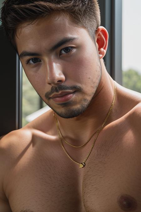 portrait of man, mature, barechest, man, high quality, dynamic angle, masterpiece, chest , oily <lora:tony_labrusca_v11:2>, light behind the camera, tony labrusca,