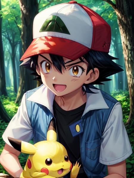 anime artwork, 1boy, OGAshK, baseball cap, black hair, short hair, spiked hair, brown eyes, outdoors, happy, yellow creature, pokemon \(creature\),  pikachu, forest, woods, trees, blue jacket with white sleeves, black shirt, jeans, upper body, anime style, vibrant, highly detailed, <lora:Detail - add_detail:0.2>, <lora:Character - AshOG:0.9>