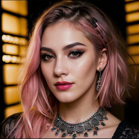(a cute girl, 22 years old, pale skin ,  pink hair ,skinny:1.1),(big boobs , small nipples, Colombian hipster girl, edgy vibe, dark, mascara, eyeliner, dark cheeks, expressive lips, Unique facial piercings, alluring necklace, stylish sexy streetwear, alluring thighs, aesthetic tattoos on her body, almond shaped eyes, Dimples, strong eyeliner eyes ,Defined jawline, skin pores )