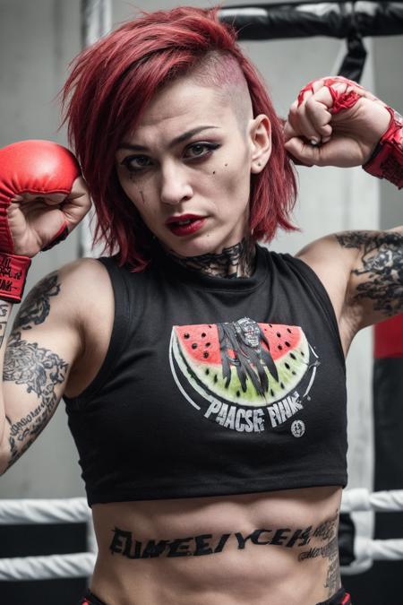 2female punk boxing, (wearing punk clothes, punk fashion),
(2 brutal punk women fighting at boxing ring), inspired by Kabuki, (watermelon is their trademark:1.4),
initial impulse, destructive impulse, destroyism, no future, anarchism, god save the queen, irony,
(cross counter:1.3), women become punch-drunk,  fighting for punks pride, they are serious,
snapshot, full body,
masterpiece, best quality, extremely detailed,
crisp image, sharp image, clear image, vivid image, realistic image, noiseless image,
detailed face, detailed eyes, detailed hair,
highly detailed background, natural cinematic lighting,