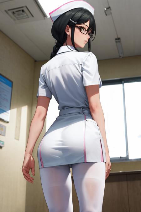 masterpiece, best quality, 1girl, solo, standing, looking at viewer, <lora:hazukishino-ch-richy-v1:1> hazukishino, nurse, nurse cap, white legwear, white pantyhose, glasses, parted lips, hospital, from behind, ass