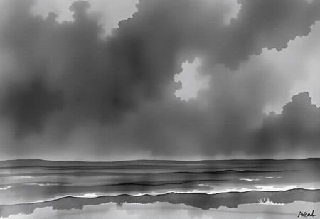 A gloomy, black, dark landscape of what a person in a state of coma might imagine - the empty, abstract space. Like al limbo.
Make it a black and white watercolour only.