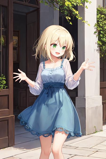 best quality, amazing intricate, cute girl, round eyes, green eyes, medium breasts, 
medium hair, platinum blond hair, 
happy, :d, dynamic pose, in a courtyard, 
(looking away:1.2), 
from front, 
portrait, 
grey dress, 
denim dress, 
,