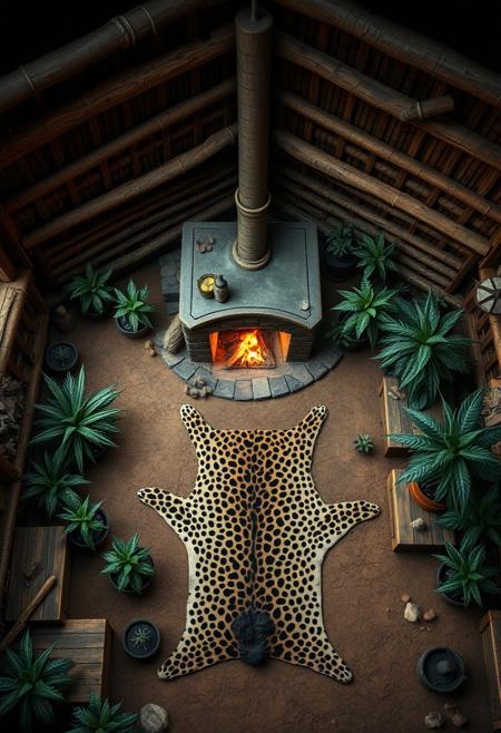top down view realistic textures portra 400,  large map of interior of a large chiefs hut, there is a warm fireplace and a leopard skin rug, compacted earth floor, lush pot weed plants, frank frazzeta ghibli and moebius inspired post-apocalyptic,  muted colors with stark contrasts