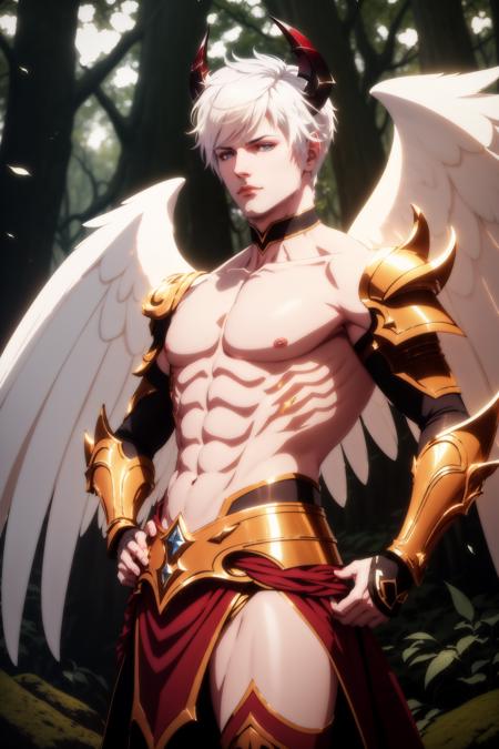 <lora:CREATED_ANIME_ShingekiNoBahamut_Lucifer_v01DanPend77_64dim:0.6>lucifer \(shingeki no bahamut\), 1boy, male focus, full body, white hair, horns, devil, demon, holy light, glowing outline, angel wings, feathered wings, dappled sunlight, nature background, forest, trees, blue sky, clouds, hand on hip, looking down, looking at viewer, armor, pedestal, sunbeam, intricate, detailed, filigree, 64K, f1.2, 800mm, UHD, dynamic lighting