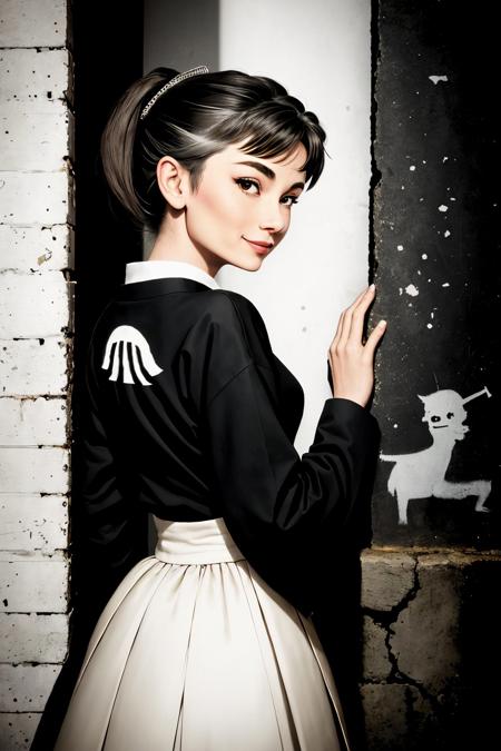 (stencil art style, bold, urban, Banksy style, detailed:1.2) (low angle, headshot:1.2) <lora:AudreyHepburn_v1-000030:.9> AudreyHepburn, smiling, from behind,4:: she is wearing hakama, her hair is styled as romantic waves hair, BREAK she is (leaning on a wall:1.1), soft natural lighting, Kodak Vision3 ,shot on Canon EOS 5D, smooth background bokeh ,8mm fisheye lens ,underexposed, in the style of Nathan Wirth