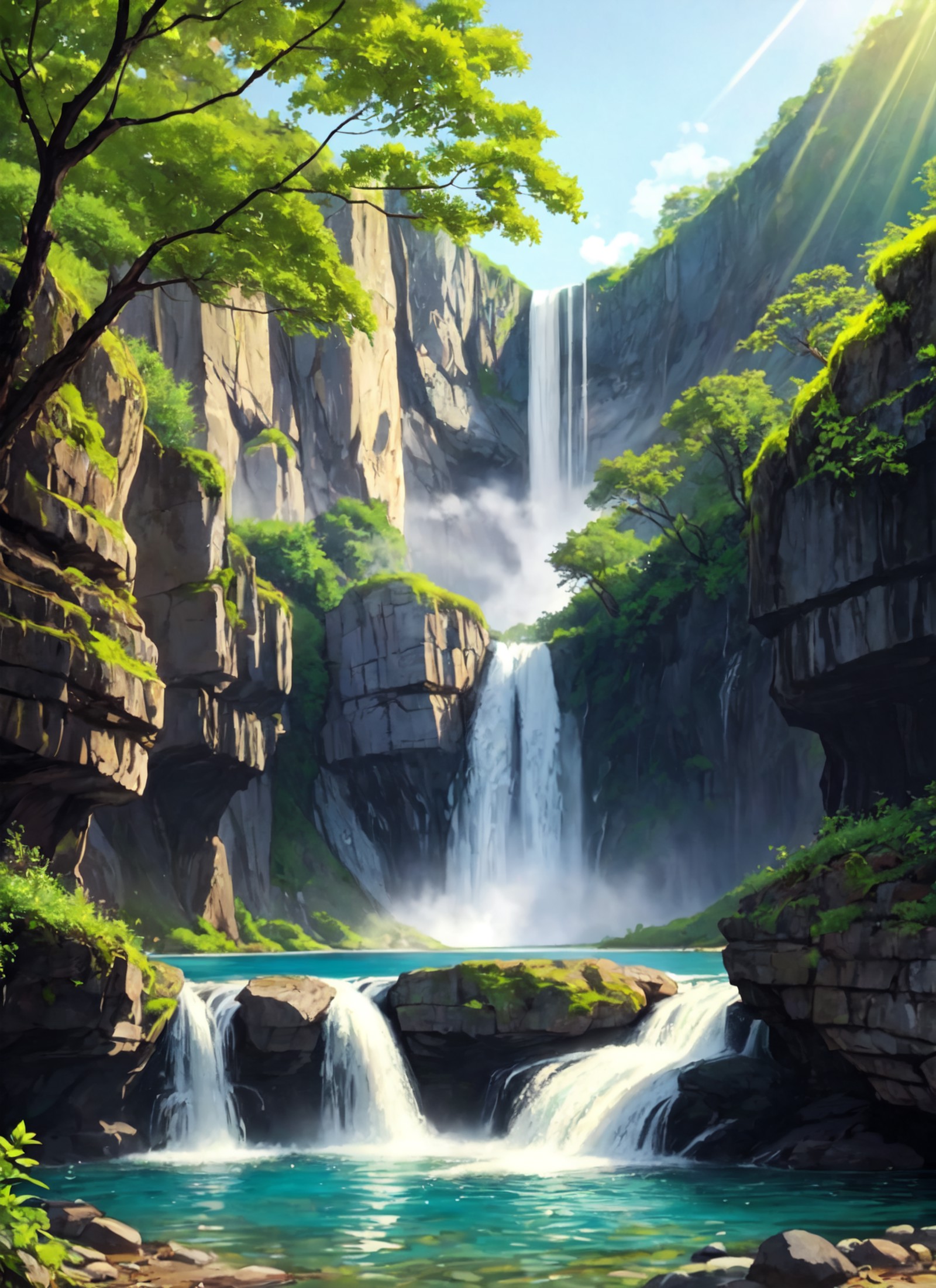 majestic waterfall oasis, cascading waters and lush vegetation, BREAK, colors: emerald greens, vibrant blues, and misty wh...