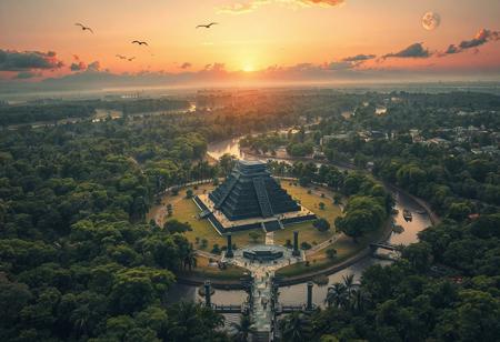 3d, detailed, detailed hands, detailed face, best quality, intricate detail, masterpiece, best quality, amazing quality, very aesthetic, full shot, birds eye view, looking down, view from above, a sprawling jungle, tall trees, rivers branching through the jungle, three pyramids in the jungle, the pyramids are spread apart, the pyramids are black and they are in a clearing, there are granite buildings and structures around the pyramids, there are granite paths connecting the pyramids and structures, there are people walking about, there are pillars that generate light to eliminate the the structures and paths, there are Kunlun Mountains in the distance, there are structures on the mountains, the sun is setting, the sky are shades of orange and pink, there are clouds in the sky, birds are flying over head, the moon is in the sky, boats are on the river with people rowing them, a residential area is visible, an tall buildings are erected throughout the jungle,