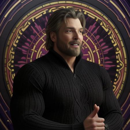 1man, vampire, handsome, pale grey skin, prominent muscular body, big bulge, seems longer fangs, smile, shining red eyes, Art Nouveau Style, wearing black sweater, nouveau-psychedelic background, hd, high quality, realistic-style, ultra-realistic, hyperrealistic, closer distance face, closer distance head, his distance pressing against me, 8k resolution