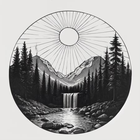 <lora:MinTattoo-000033:1>, mintat1, tree, scenery, forest, mountain, sun, river, waterfall, sunbeam, circle, white background