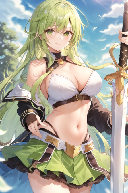 <lora:RenaErindel-09:0.6>, rena erindel, 1girl, solo, long hair, smile, skirt, blonde hair, large breasts, green hair, green eyes, sword, green dress, navel,