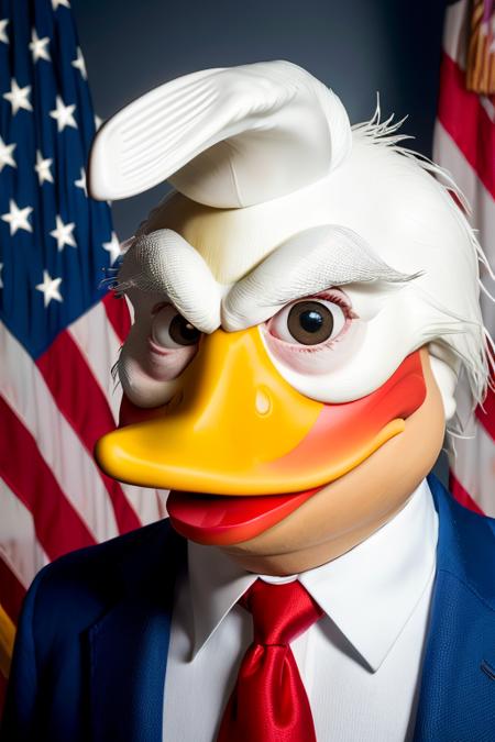 professional portrait photo of (h0w4rdth3duck:0.9) as donald trump, duck bill, light bokeh, sharp focus, oval office