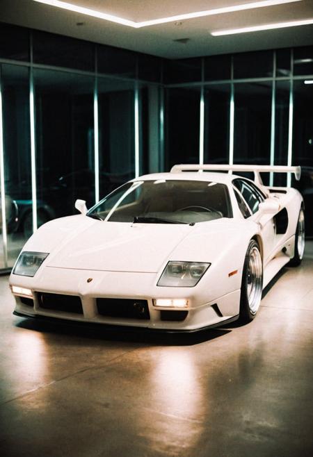 analog film photo (Sportscar gleaming prototype, front view, indoors), white neon lights, (stylish, film grain:1.3) . faded film, desaturated, 35mm photo, grainy, vignette, vintage, Kodachrome, Lomography, stained, highly detailed, found footage