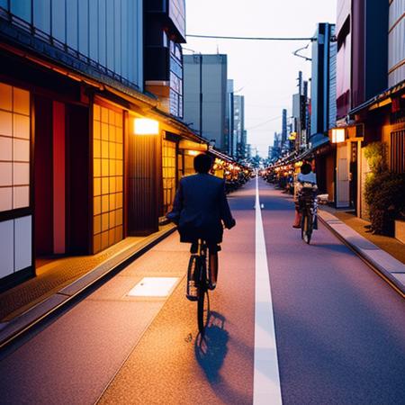 a man riding his bike down the city streets of japan, magic hour