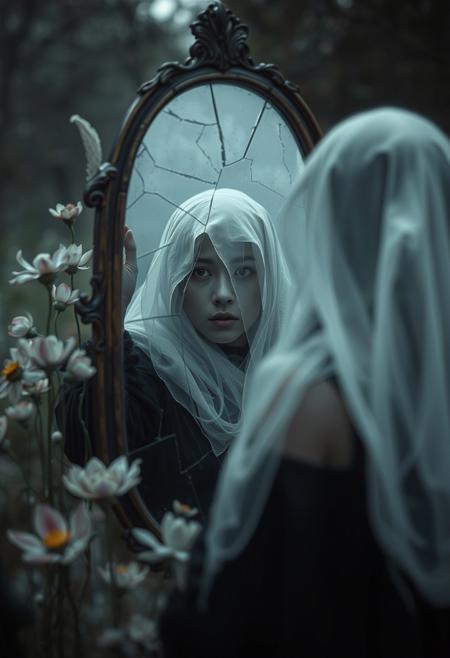 A ghostlike presence gazing through a cracked mirror, her reflection lost in a garden of glass flowers
ethereal storytelling, melancholic beauty, dark romanticism, elaborate costumes, emotional surrealism, dreamlike atmosphere, fine art photography style, poetic symbolism, nature-infused imagery, delicate textures, rich color palette, theatrical composition, introspective themes