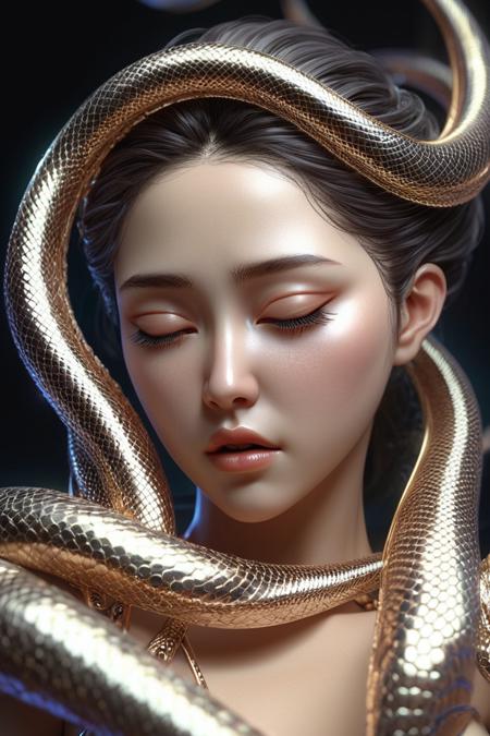 famous artwork by (jae cheol park \(valentina kallias\):1.1) and (glen cook:1.4), (dramatic scene:1.3), (fractal art:1.1), fantasy style, dynamic angle,
female [Eastern Rat snake:alien:.2] looking Sleepy, Drooping eyelids, half-closed eyes, and a slightly dazed expression. into the camera