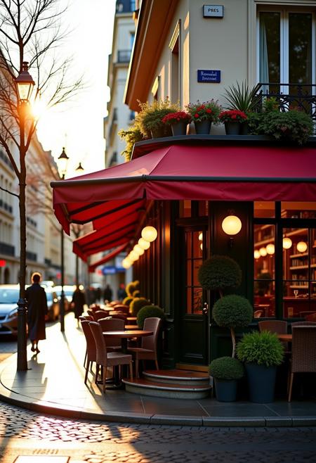 A beautifully lit and composed professional photograph of a Parisian brasserie on a bustling Paris street corner, the restaurant is set back from the busy street, tucked in and cozy next to a flower shop on one side and a book store on the other, wet cobblestones, high resolution, early morning rain, weathered limestone, fine details of plants and trees, realistic modern day scene, beautiful early morning sun rays,