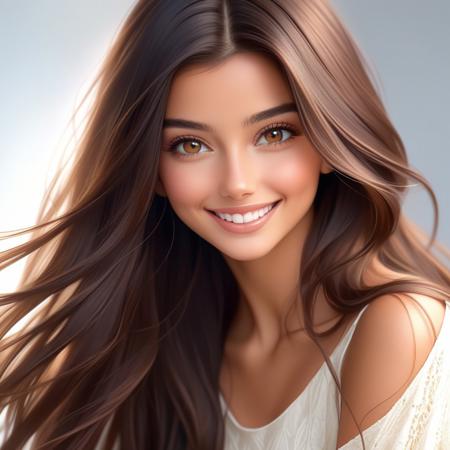 A natural, realistic portrait of a smiling woman with long, flowing hair cascading gently over her shoulders. The clean, white background emphasizes her radiant features, while soft, diffused lighting highlights the subtle details of her expression. Her genuine smile and warm, relaxed demeanor convey a sense of simplicity and elegance. The portrait’s focus on fine detail and balance enhances the realistic beauty of the subject, creating an inviting and approachable mood. braja, black_straigt_hair