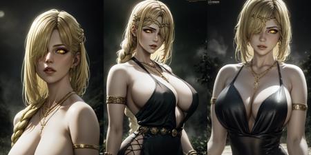 masterpiece, best quality, highest quality, 
1girl, breasts, jewelry, hair over one eye, dress, bracelet, blonde hair, black dress, long single braid, large breasts, ring, circlet, necklace, armlet, looking at viewer, lips, yellow eyes, bare shoulders, parted lips, hair ornament,
outdoors, (night:1.3), scared, landscape, castle far away, gloomy fog in the forest at the background,
cinematic lighting, (volumetric lighting), extremely detailed CG unity 8k wallpaper, focused, 8k wallpaper, 4k wallpaper, extremely detailed, ultra realistic, photorealistic, sharp focus, absurdres, (HDR:1.2), (high contrast), photograph, detailed and intricate, instagram, portrait, highly detailed, digital painting, artstation, concept art, smooth, sharp focus, illustration,, (epic realistic, hdr, luminous, intricate details, hyperdetailed, cinematic, rim light)
 <lora:_Queen_Marika-000009:0.7>