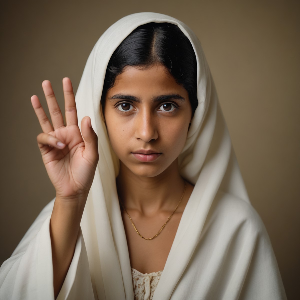 Portrait of Fatima with her hand held up, counting to 4 with her fingers. thumb curled.