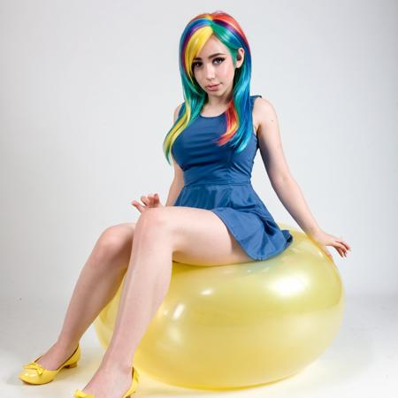 female, girl, (blue dress:1.15), rainbow hair, rainbow dash, (sitting on a translucent yellow balloon:1.15), human, cosplay, friendly, cute, (yellow balloon:1.25), photo, glamour photography