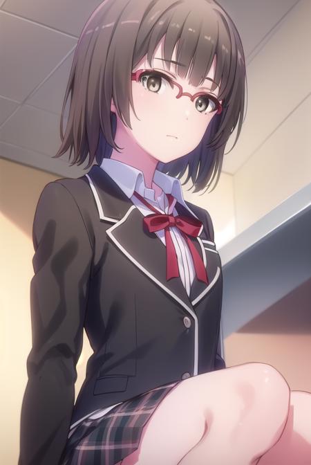 hinaebina, <lora:hina ebina s2-lora-nochekaiser:1>,
hina ebina, short hair, brown hair, black hair, (brown eyes:1.5), glasses,
BREAK skirt, ribbon, school uniform, jacket, black jacket, plaid, plaid skirt, blazer, sobu high school uniform,
BREAK indoors, classroom,
BREAK looking at viewer,
BREAK <lyco:GoodHands-beta2:1>, (masterpiece:1.2), best quality, high resolution, unity 8k wallpaper, (illustration:0.8), (beautiful detailed eyes:1.6), extremely detailed face, perfect lighting, extremely detailed CG, (perfect hands, perfect anatomy),