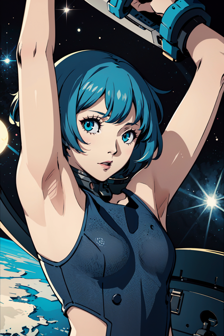 (best quality:1.2), 1girl, (close up, arms up, :<, aqua hair, very short hair, curly hair, okappa, flat_chest, space station),