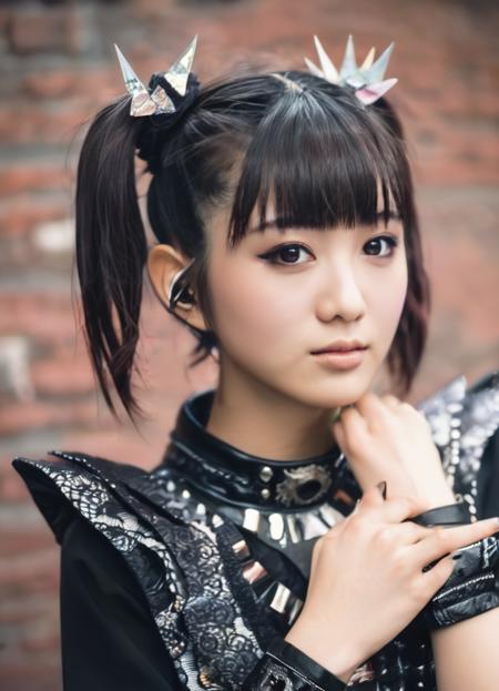 realistic, photorealistic, detailed, beautiful, RAW photo, film grain, (natural lighting :1.2), japanese, woman, raw photo, photo background, twintails, m0akiku, punk style, black outfit, 20 years old, detailed black eyes,  bokeh, baby metal, <lora:m0akiku -000008:1>