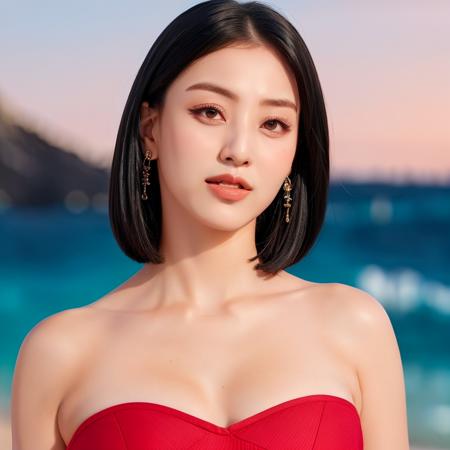 (8k), (best quality), (masterpiece:1.2), (realistic), (photorealistic:1.37), ultra-detailed, 1girl, cute, smile, closed mouth, beautiful detailed eyes, beautiful detailed nose, (big breasts),bikini, realistic body, dreamlike,(real human skin:1.3), cleavage, (portrait),(wind blowing hair),(detailed eyes),(detailed facial features), golden sand,((at a beach at sunset)), looking at camera, smile, ((flash lighting)),(vivid colors,staurated colors), blue waves,ulzzang-6500-v1.1:0.1,(Kpop idol,  ((twjihyo)), <lora:Twice_jihyo_v1.0:0.7>