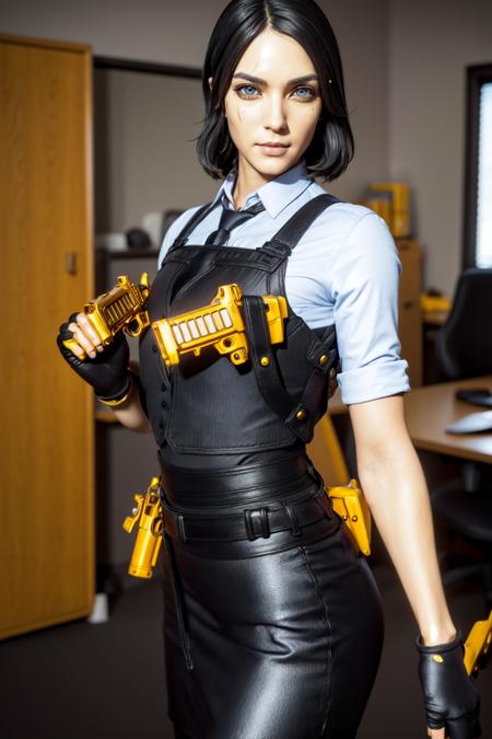 a woman posing in an office <lora:MarigoldLoRA:0.8> marigold, with, scar on eye, uniform, holding, golden gun, beautiful eyes, beautiful girl, high detail skin, high detail eyes, high detail hair, highres, ultra detailed,  detailed reflective shiny skin, diffused skin pores, sharpen picture, Highly detailed, masterpiece, best quality,