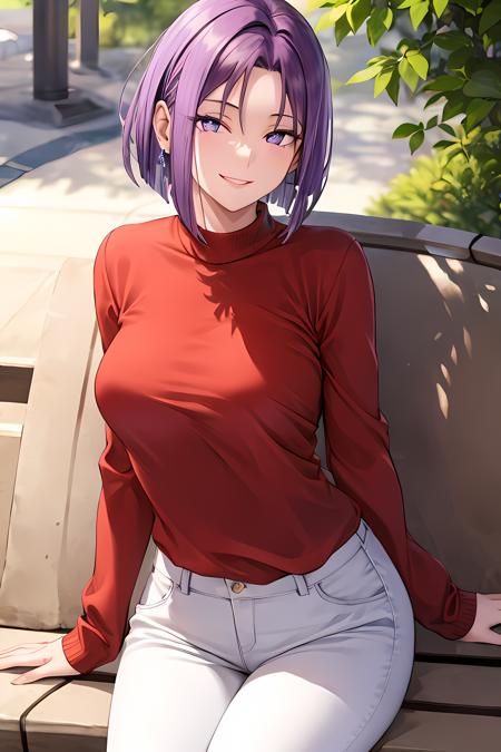 masterpiece, (best quality), 1woman,1girl , amanesmt, purple hair, purple eyes,   sitting down on bench, (from the front), short hair,  black sweater, white shirt, pants,  large  breasts, sexy woman,    smile, adult,  elegant, vibrant colors ,natural lighting  ,RTX,  beautiful, (detailed face:1.2), showcase, (perfect eyes:1.1) , (perfect pupils), (photorealistic:1.1), 8k uhd,  looking at viewer,  outdoors,  simple backround,