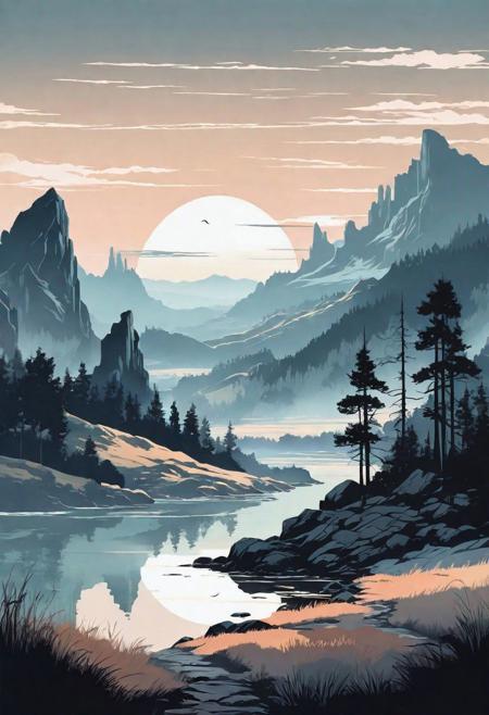 epic landscape, animation style, vectoring, high detailed, ink painting, melancholy colour palette, muted pale light faded colors, a complex composition,