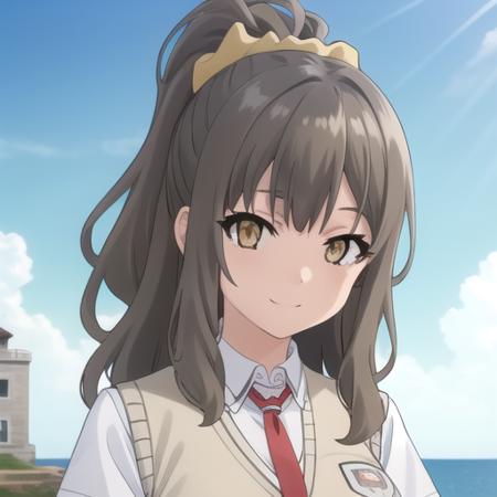 ((masterpiece)),(best quality),official art,extremely detailed CG,unity 8k wallpaper,ultra detailed,A lighthouse on a cliff by the sea,1girl,solo,upper body,(portrait:1.2),school_uniform,brown_hair,long_hair,scrunchie,looking_at_viewer,smile,pleated_skirt,hair_scrunchie,brown_eyes,white_shirt,hair_ornament,sweater_vest,red_necktie,high_ponytail,breasts,yellow_scrunchie,short_sleeves,white_socks,<lora:Futaba Rio(sby)>,