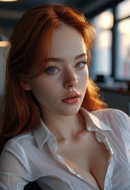 This description refers to a high-quality, cinematic photograph of a 20-year-old woman, with a realistic style. The image features a realistic skin texture, and captures the subject's pretty face and erotic body, with long, straight red hair and purple eyes. The woman's makeup includes black eyeshadow, plump lips, and is wearing a white blouse that accentuates her cleavage, a black pencil skirt, and stockings, all of which help to emphasize her very sexy, perfect body. Her body is characterized by huge breasts, a narrow waist, wide hips, and slender legs. The background of the image is highly detailed and the overall graphic resolution is 4K. The photo has a cinematic lighting and angle, and showcases depth of field and volumetric lighting. Additionally, the image is captured in HD32k for a sharp, detailed result. A surreal, close-up, seductive pose is taken at a dynamic angle, in an office setting.