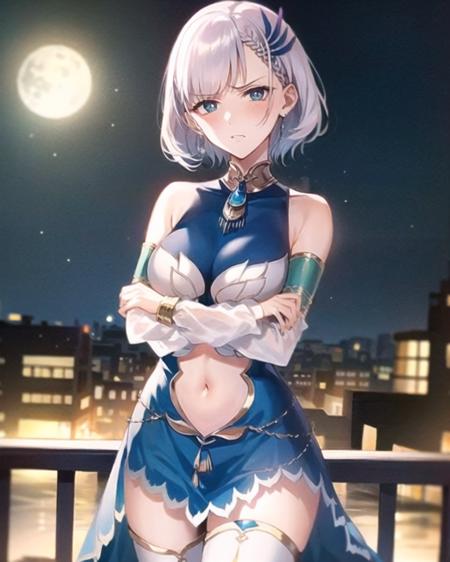 unparalleled masterpiece, 4k, (best quality:1.2), (highly detailed:1.2), detailed shadows, reine-main-outfit, blue dress, dress, detached sleeves, navel cutout, bare shoulders, white thighhighs, <lora:Pavolia Reine v2:1>, angry, annoyed, blush, (crossed arms under breasts:1.2), balcony, beautiful town in background, starry night, milkyway, moon, reine-short-hair, short hair, braided bangs, feather hair ornament, white pupils,earrings,