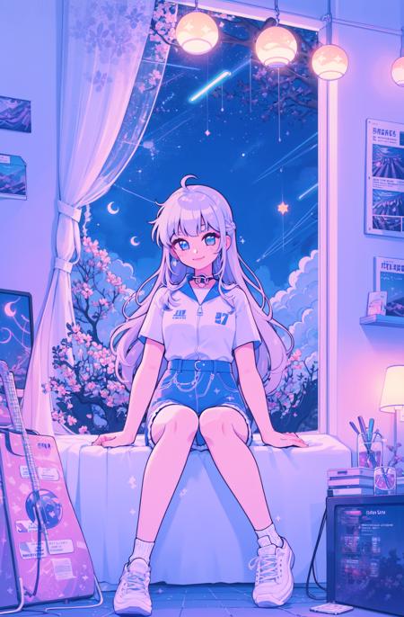 1girl, solo, sitting, very long hair,  long hair,  bedroom, night, window, moon, stars,  fullbody, lofi, blue, pink, purple,  neon lights, neon, smile, sakura trees, cyberpunk outfit,