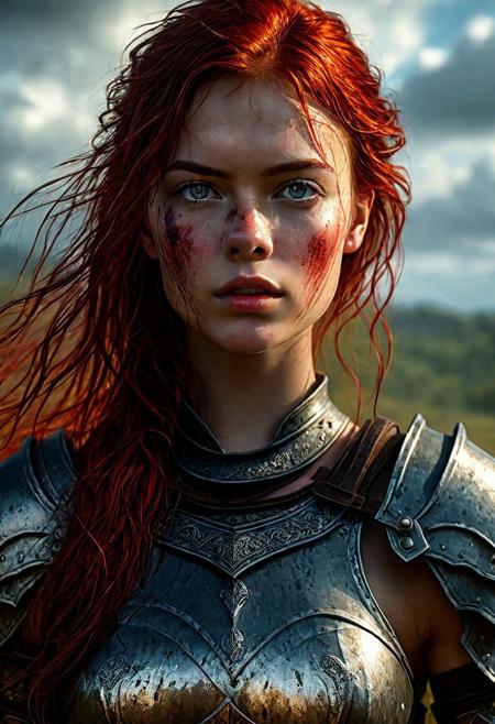 Ultra detailed digital art masterpiece beautiful Sadie Sink as Warrior girl dressed in a iron Armor and red mini skirt, Standing on a battlefield at the head of an army of knights, where a bloody slaughter is taking place, standing in battle pose, a dark epic fantasy, perfect lighting, beautiful Warrior girl, attractive woman, elegant, beautiful woman of athletic body, epic shot of the whole Warrior girl, unreal engine 5 nanite quality, dark fantasy, dark environment, very stormy day, LOTR style, dark washed out eyeliner, no make up, natural bloody pale face, realistic brown eyes, ultra detailed atmospheric details, beautiful glowing effects, sparkle effects, realistic body proportions, beautiful face proportions, complex masterpiece, wavy red hair, creative glowing detailed tattoos, complex physics, enhanced colors, complimentary colors, ultra detailed raytracing reflections, Ultra detailed complex background, environment feels alive, direct eye contact, dramatic lighting, wet and sweaty skin, beautiful firm Breasts, Daylight, Concept art by Greg Rutkowski, adding to the intense and dynamic atmosphere of the scene.